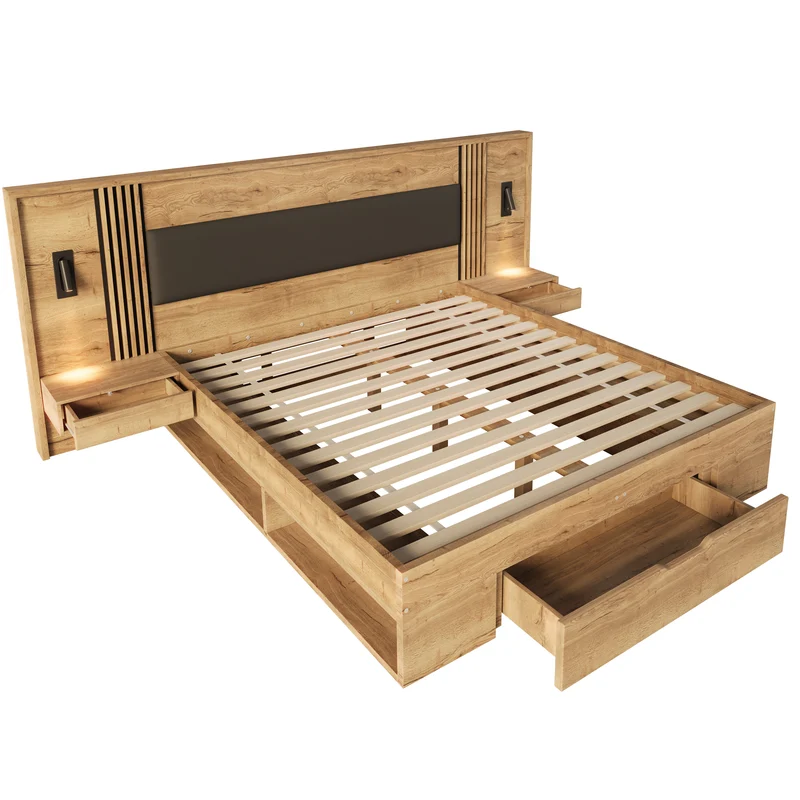 Lit king size effet bois avec rangement, lampes et 2 tables de chevet 180x200cm BIRCHCREDENZA