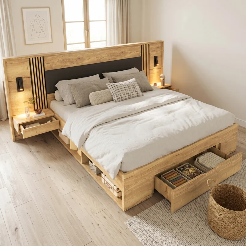Lit king size effet bois avec rangement, lampes et 2 tables de chevet 180x200cm BIRCHCREDENZA