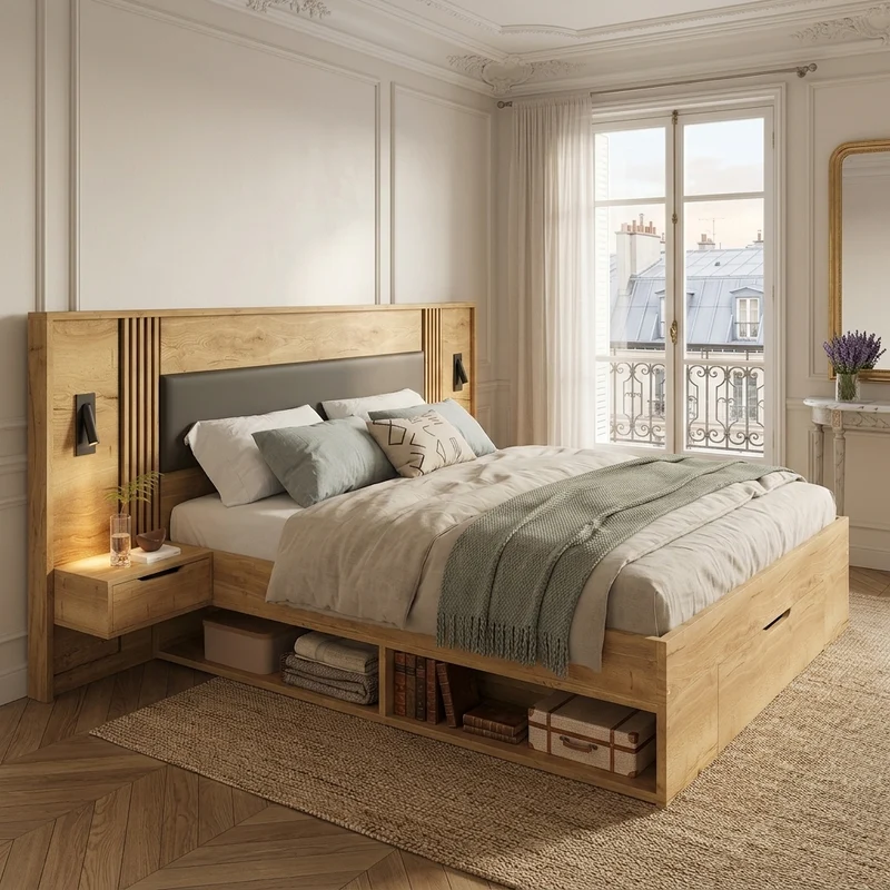Lit king size effet bois avec rangement, lampes et 2 tables de chevet 180x200cm BIRCHCREDENZA
