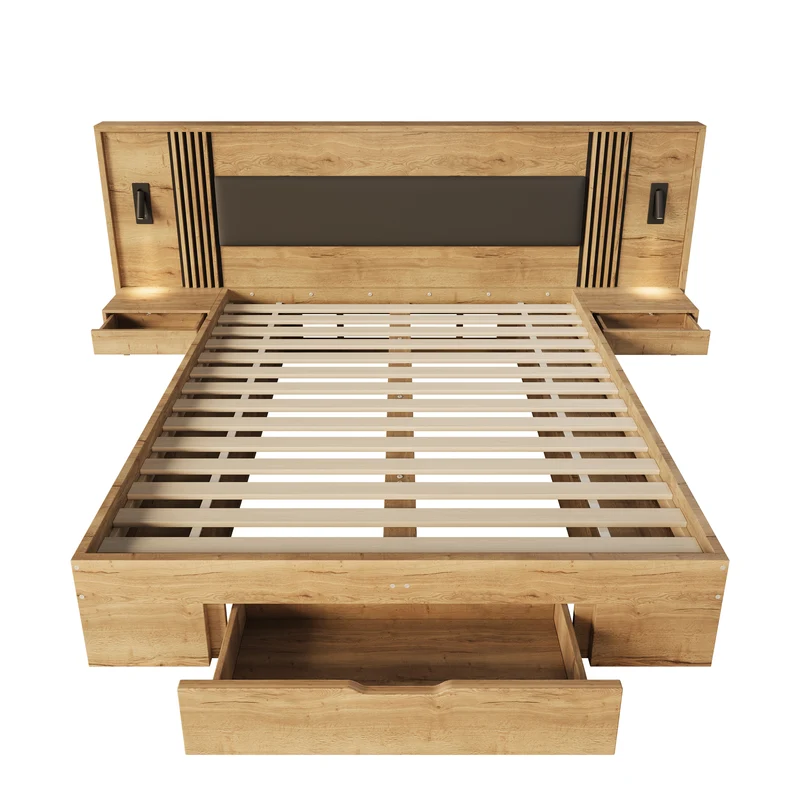 Lit king size effet bois avec rangement, lampes et 2 tables de chevet 180x200cm BIRCHCREDENZA