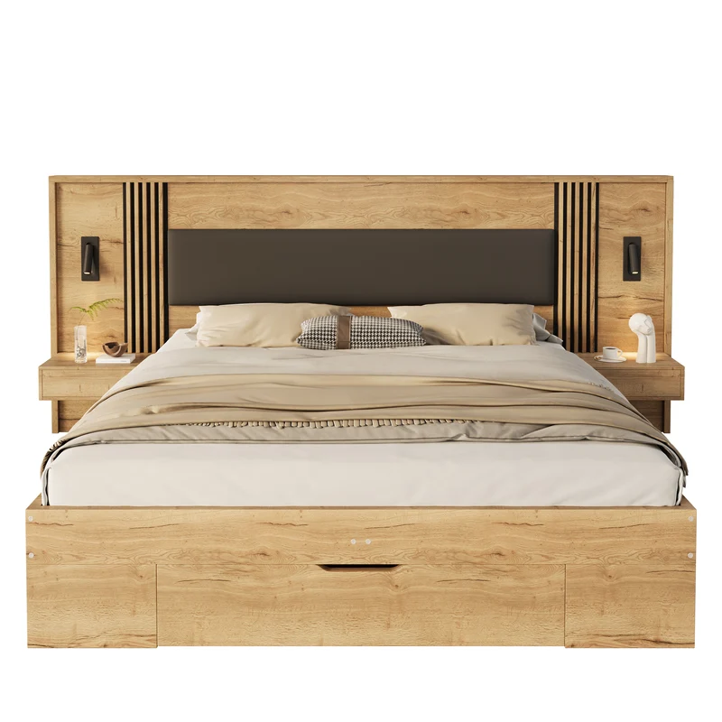 Lit king size effet bois avec rangement, lampes et 2 tables de chevet 180x200cm BIRCHCREDENZA