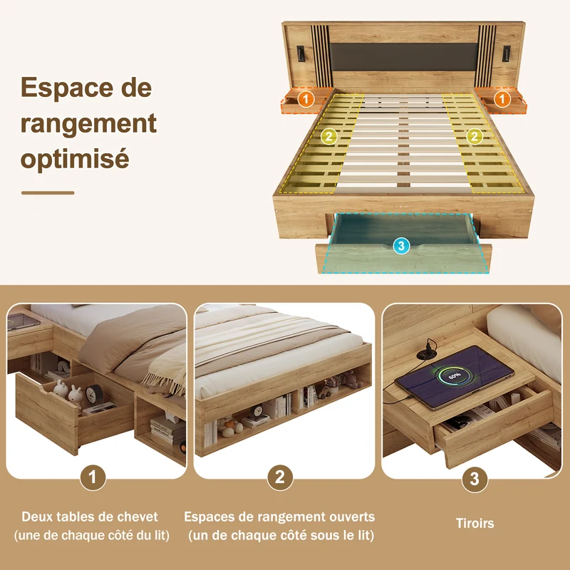Lit king size effet bois avec rangement, lampes et 2 tables de chevet 180x200cm BIRCHCREDENZA