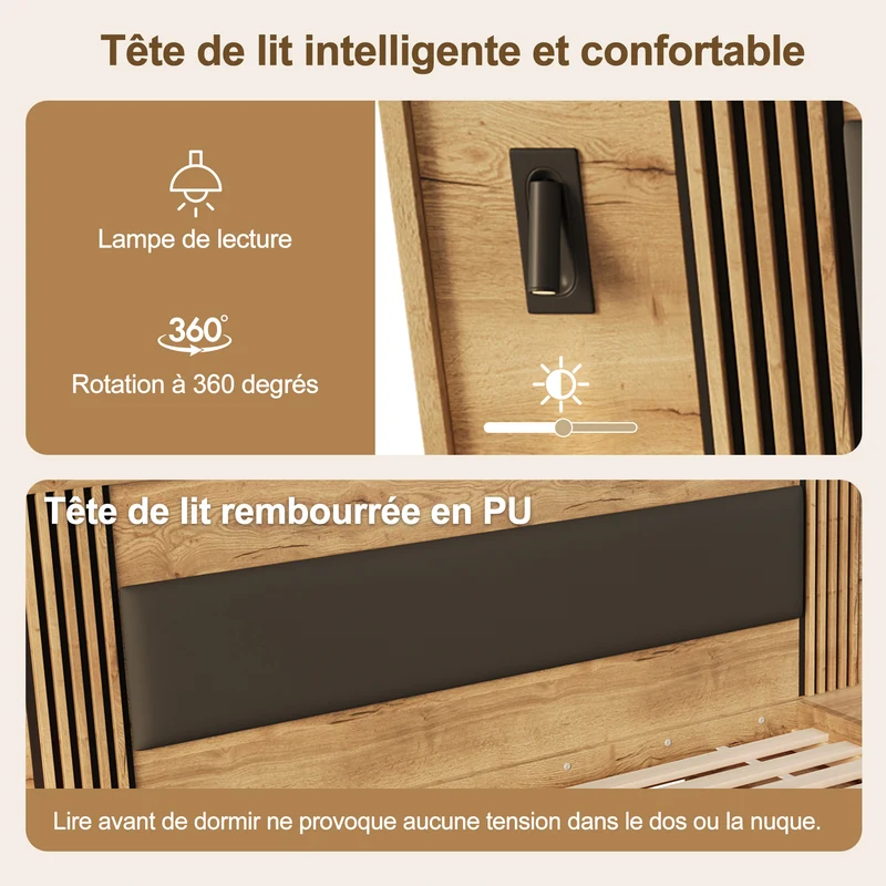 Lit king size effet bois avec rangement, lampes et 2 tables de chevet 180x200cm BIRCHCREDENZA