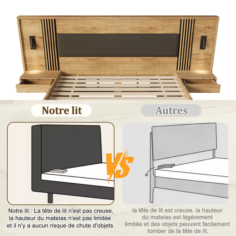 Lit king size effet bois avec rangement, lampes et 2 tables de chevet 180x200cm BIRCHCREDENZA