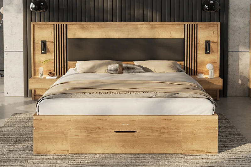 Lit king size effet bois avec rangement, lampes et 2 tables de chevet 180x200cm BIRCHCREDENZA