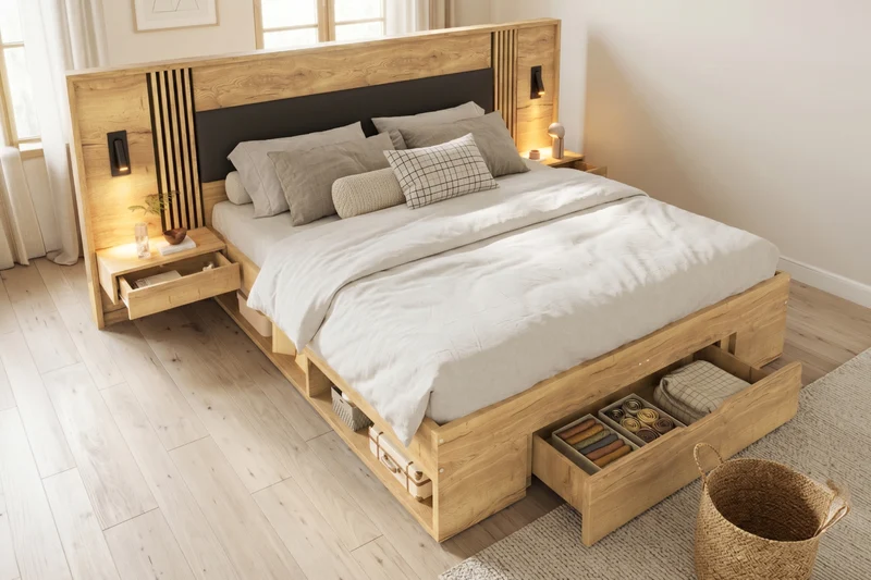 Lit king size effet bois avec rangement, lampes et 2 tables de chevet 180x200cm BIRCHCREDENZA