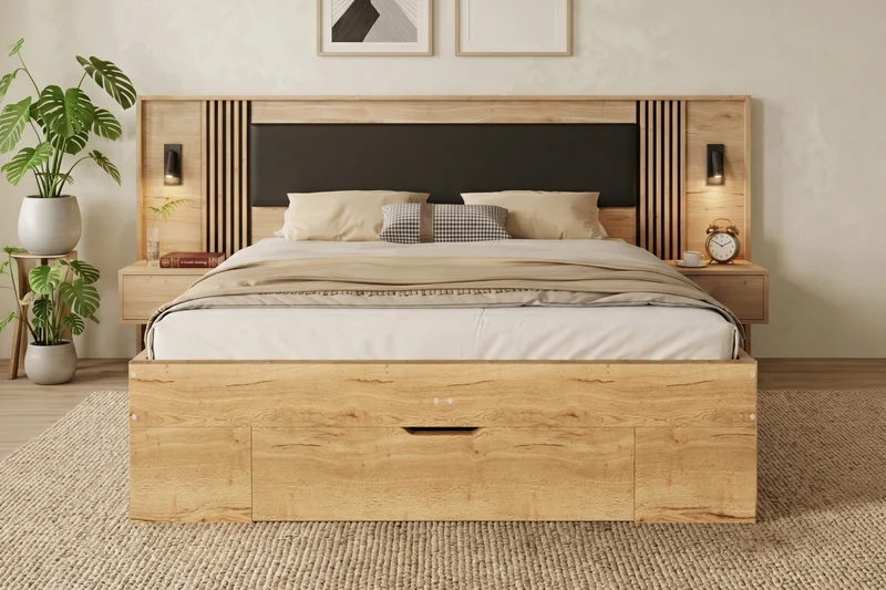 Lit king size effet bois avec rangement, lampes et 2 tables de chevet 180x200cm BIRCHCREDENZA