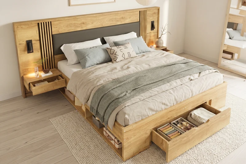 Lit king size effet bois avec rangement, lampes et 2 tables de chevet 180x200cm BIRCHCREDENZA