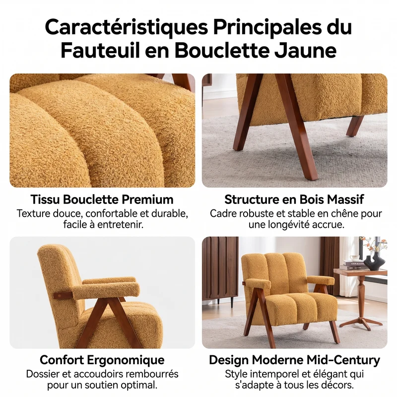 Fauteuil tissu bouclé jaune bois massif chêne accoudoirs 77x68,5x77cm BENCHPLUS