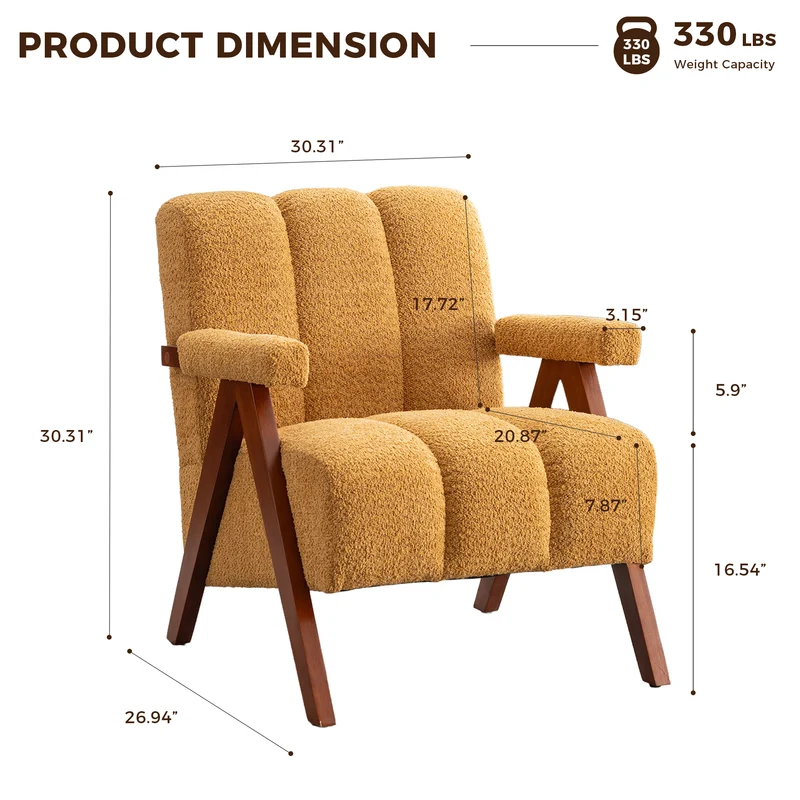 Fauteuil tissu bouclé jaune bois massif chêne accoudoirs 77x68,5x77cm BENCHPLUS