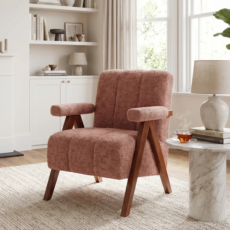 Fauteuil tissu bouclé rouge rouille bois massif chêne accoudoirs 77x68,5x77cm BENCHPLASTIC