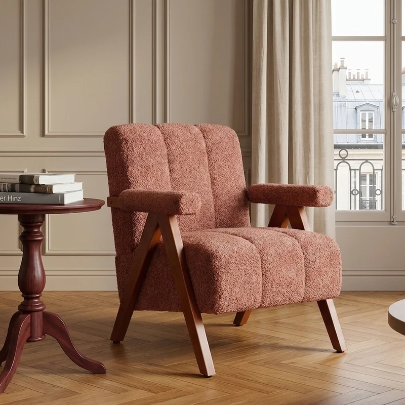 Fauteuil tissu bouclé rouge rouille bois massif chêne accoudoirs 77x68,5x77cm BENCHPLASTIC