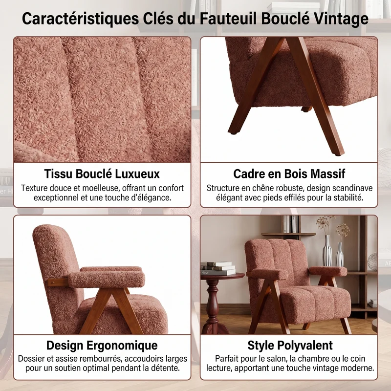 Fauteuil tissu bouclé rouge rouille bois massif chêne accoudoirs 77x68,5x77cm BENCHPLASTIC