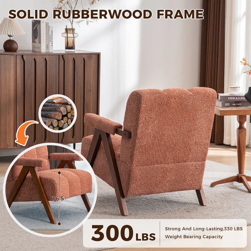 Fauteuil tissu bouclé rouge rouille bois massif chêne accoudoirs 77x68,5x77cm BENCHPLASTIC
