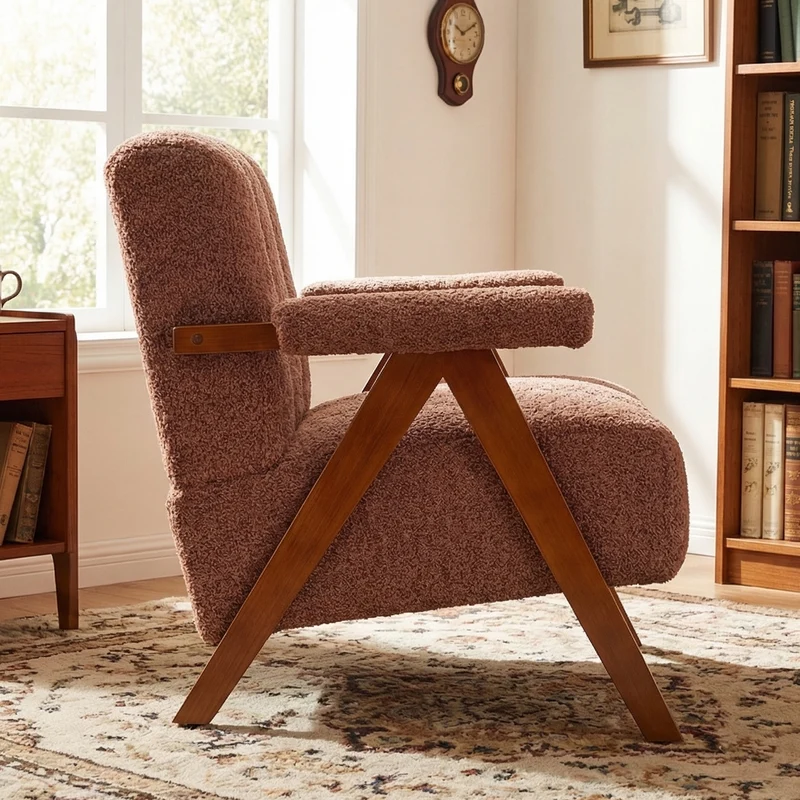 Fauteuil tissu bouclé rouge rouille bois massif chêne accoudoirs 77x68,5x77cm BENCHPLASTIC