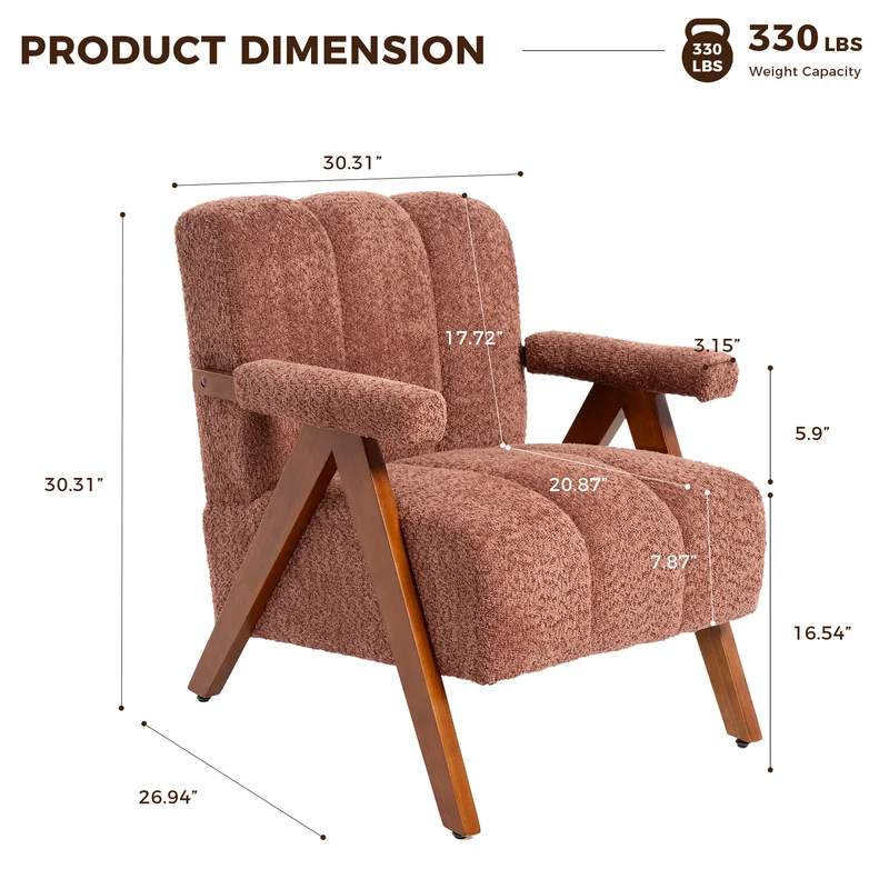 Fauteuil tissu bouclé rouge rouille bois massif chêne accoudoirs 77x68,5x77cm BENCHPLASTIC