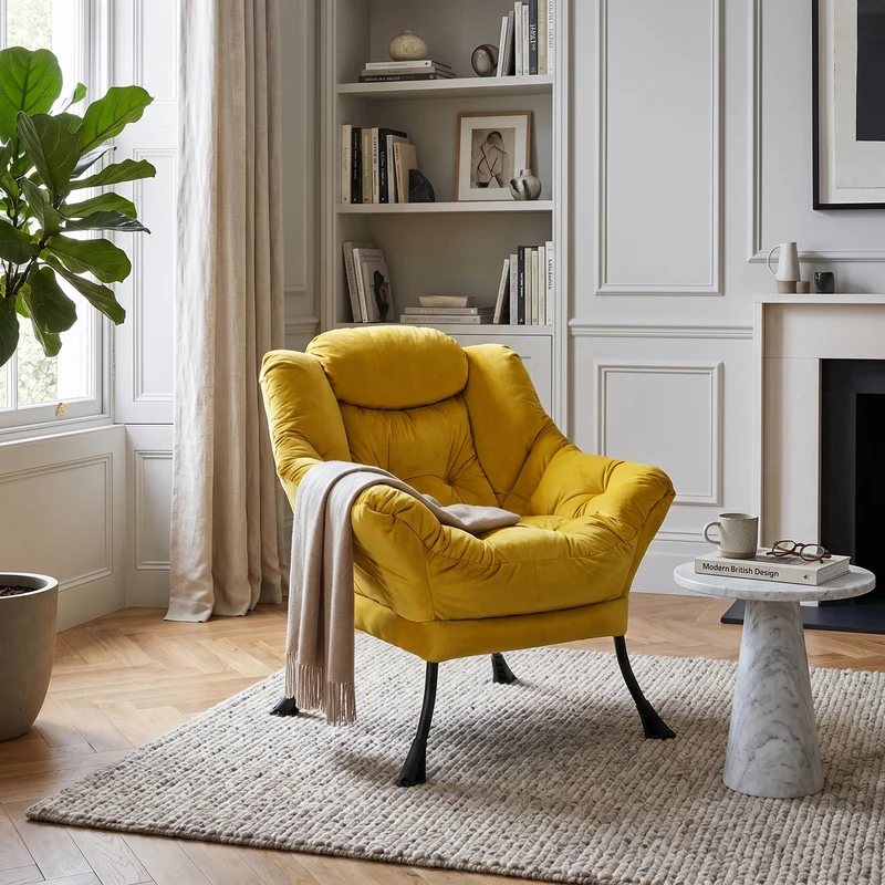 Fauteuil rembouré tissu jaune en pieds métal poche latérale 75x80x85cm BOOKCASEEDGE