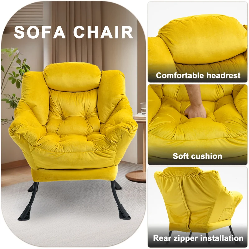 Fauteuil rembouré tissu jaune en pieds métal poche latérale 75x80x85cm BOOKCASEEDGE
