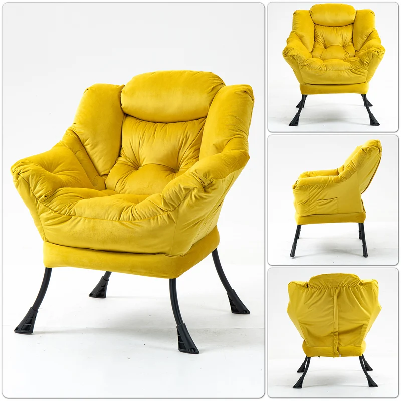 Fauteuil rembouré tissu jaune en pieds métal poche latérale 75x80x85cm BOOKCASEEDGE