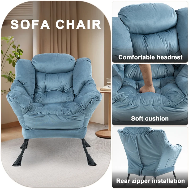 Fauteuil rembouré tissu bleu clair en pieds métal poche latérale 75x80x85cm BOOKCASECONCRETE