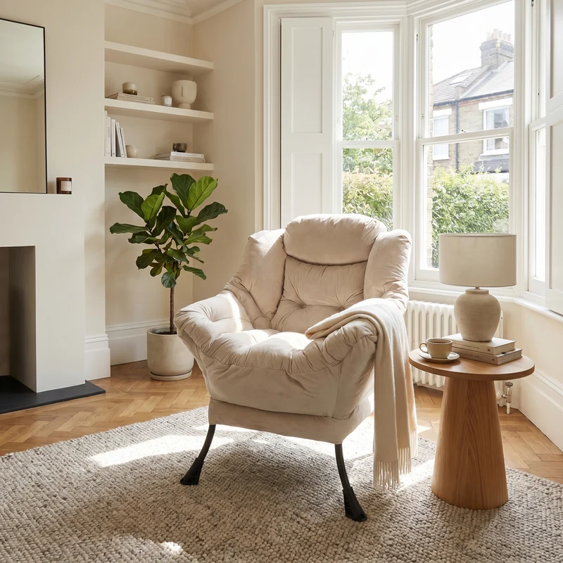Fauteuil rembouré tissu beige en pieds métal poche latérale 75x80x85cm BOOKCASEBROWN