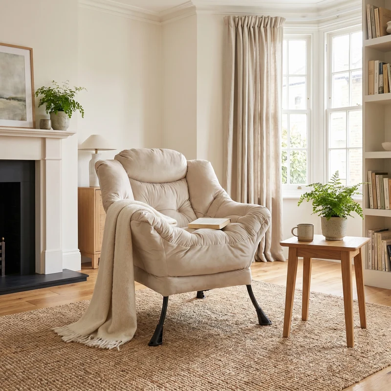 Fauteuil rembouré tissu beige en pieds métal poche latérale 75x80x85cm BOOKCASEBROWN