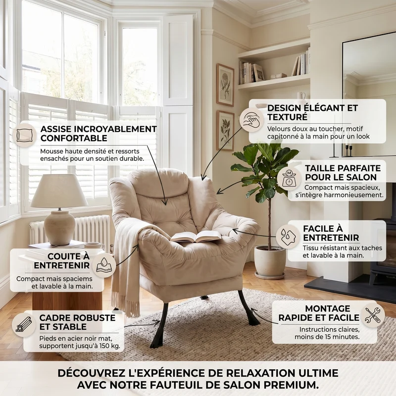 Fauteuil rembouré tissu beige en pieds métal poche latérale 75x80x85cm BOOKCASEBROWN
