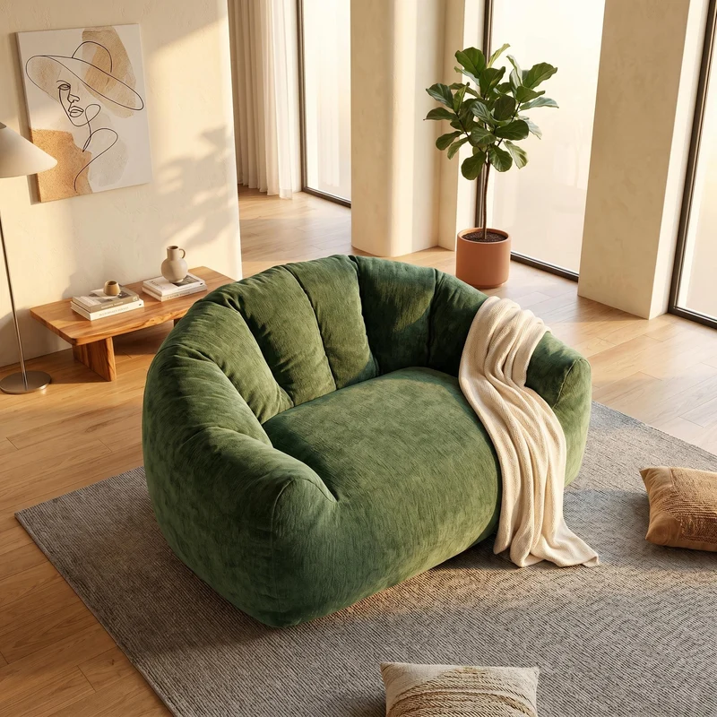 Fauteuil pouf bean bag rond tissu flanelle vert avec paillettes sans montage 99x86x64cm CHROMEBOOKCASE
