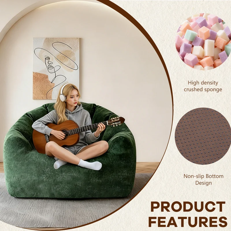 Fauteuil pouf bean bag rond tissu flanelle vert avec paillettes sans montage 99x86x64cm CHROMEBOOKCASE