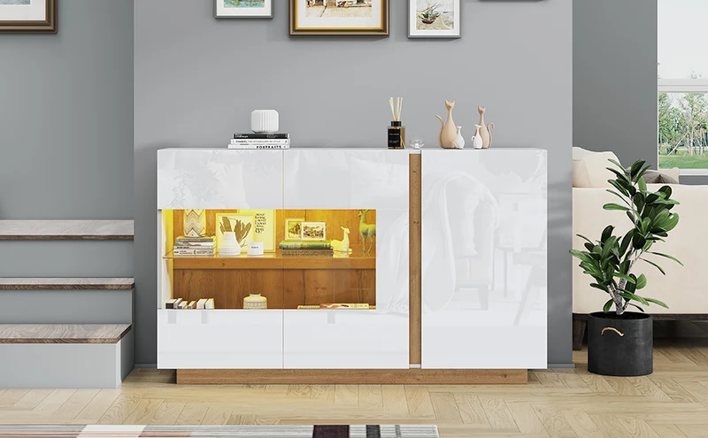 Buffet blanc brillance avec verre, 3 portes et éclairage LED 138*38*90.5cm ZECOIN