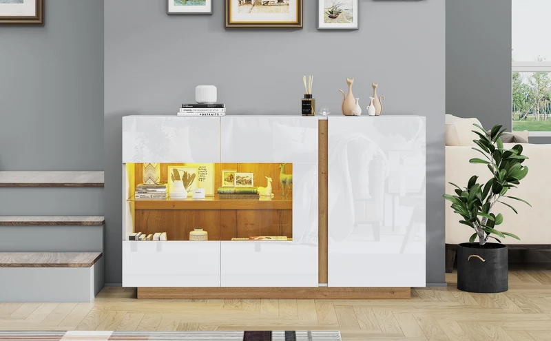 Buffet blanc brillance avec verre, 3 portes et éclairage LED 138*38*90.5cm ZECOIN