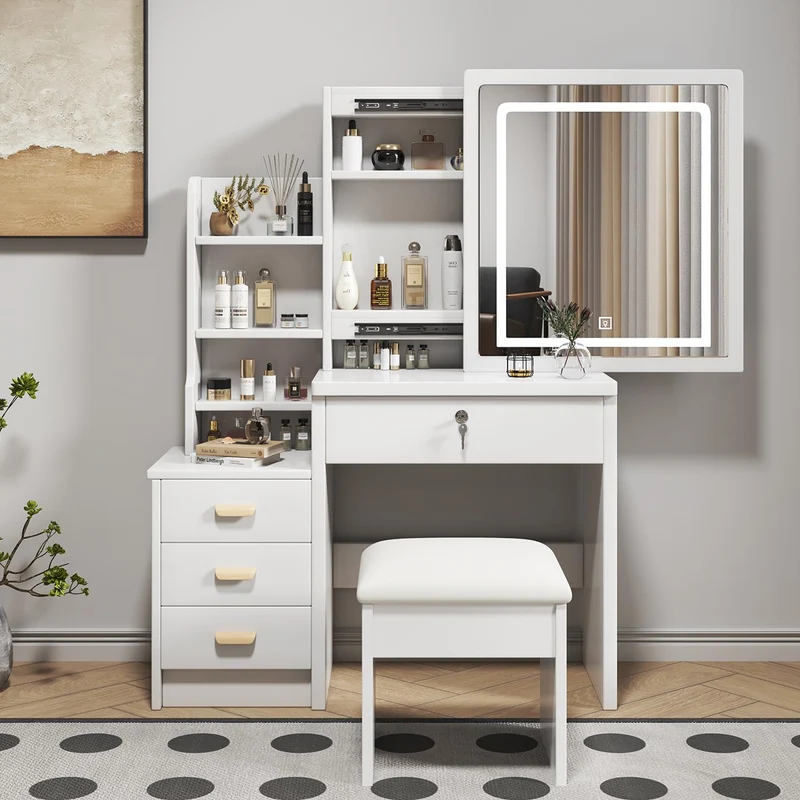Coiffeuse blanche avec miroir LED à 3 couleurs, rangement latéral et 4 tiroirs, tabouret inclus SYMBIOSOM