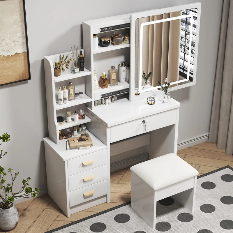 Coiffeuse blanche avec miroir LED à 3 couleurs, rangement latéral et 4 tiroirs, tabouret inclus SYMBIOSOM