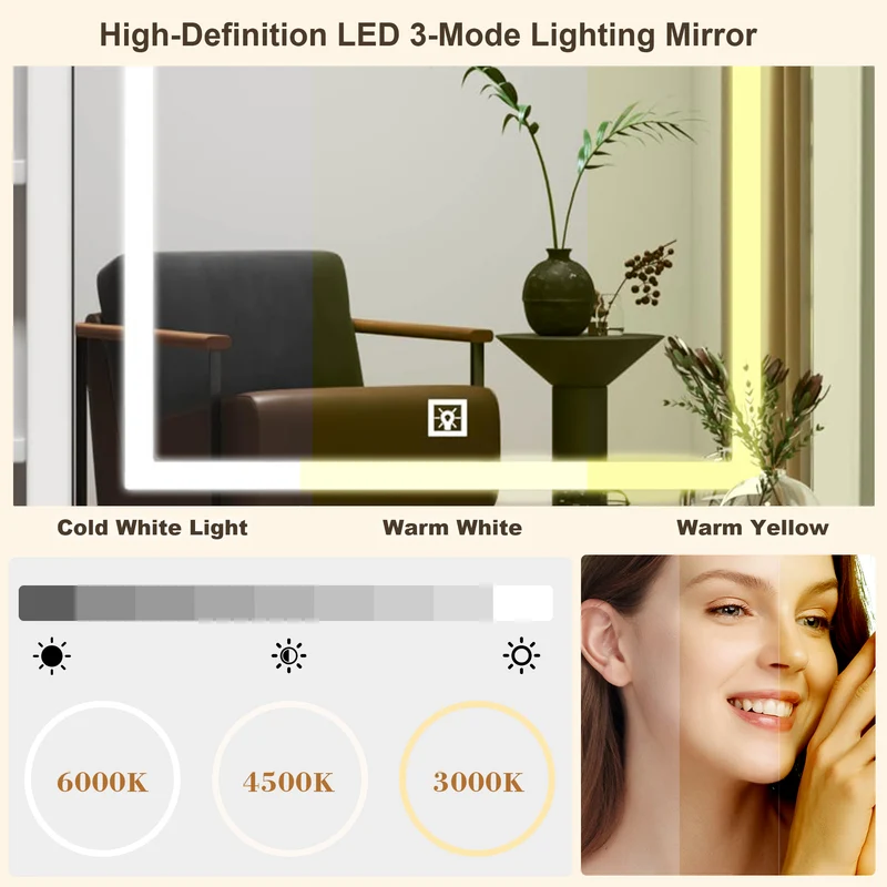 Coiffeuse blanche avec miroir LED à 3 couleurs, rangement latéral et 4 tiroirs, tabouret inclus SYMBIOSOM