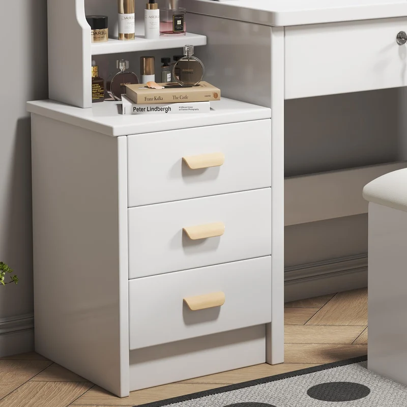 Coiffeuse blanche avec miroir LED à 3 couleurs, rangement latéral et 4 tiroirs, tabouret inclus SYMBIOSOM