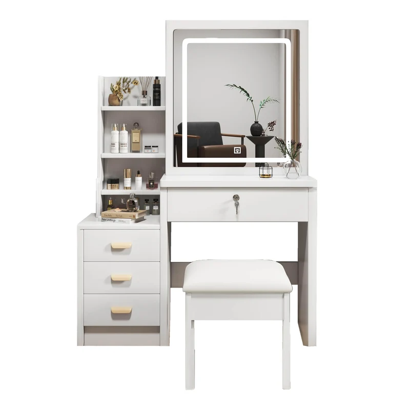 Coiffeuse blanche avec miroir LED à 3 couleurs, rangement latéral et 4 tiroirs, tabouret inclus SYMBIOSOM
