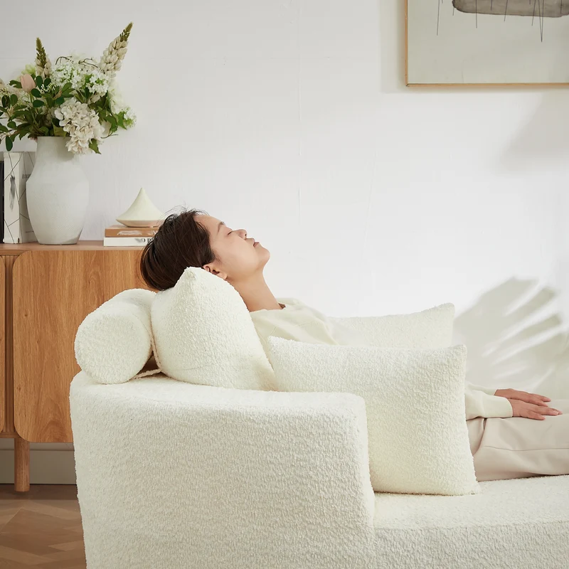 Fauteuil simple en chenille beige avec coussins, mousse sans montage BENCHWICKER