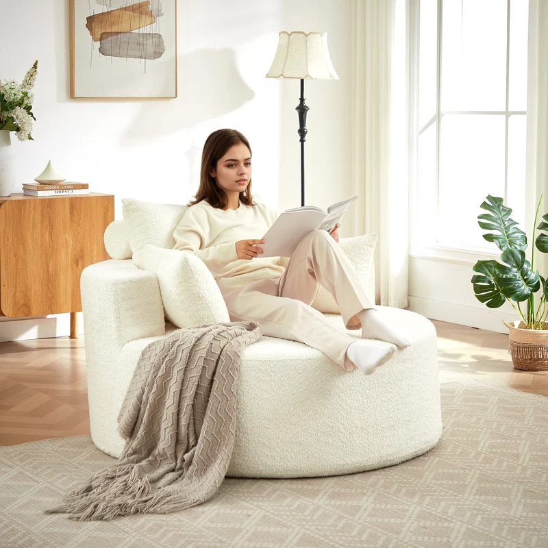 Fauteuil simple en chenille beige avec coussins, mousse sans montage BENCHWICKER