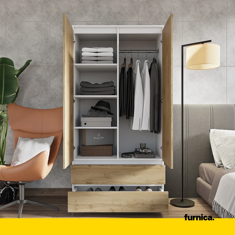 JOELLE - Armoire 2 Portes avec 2 Tiroirs - Blanc Mat / Chêne Wotan H180cm L90cm P50cm