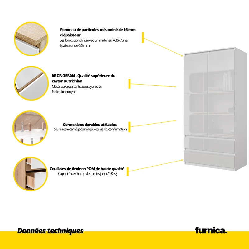 JOELLE - Armoire 2 Portes avec 2 Tiroirs - Blanc Mat / Blanc Brillant H180cm L90cm P50cm