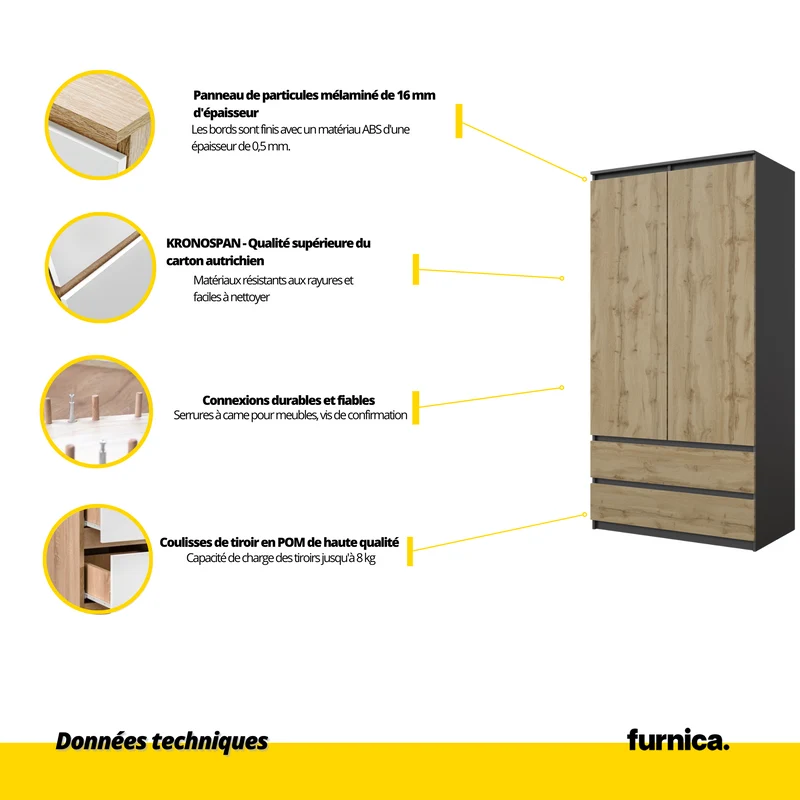 JOELLE - Armoire 2 Portes avec 2 Tiroirs - Anthracite / Chêne Wotan H180cm L90cm P50cm