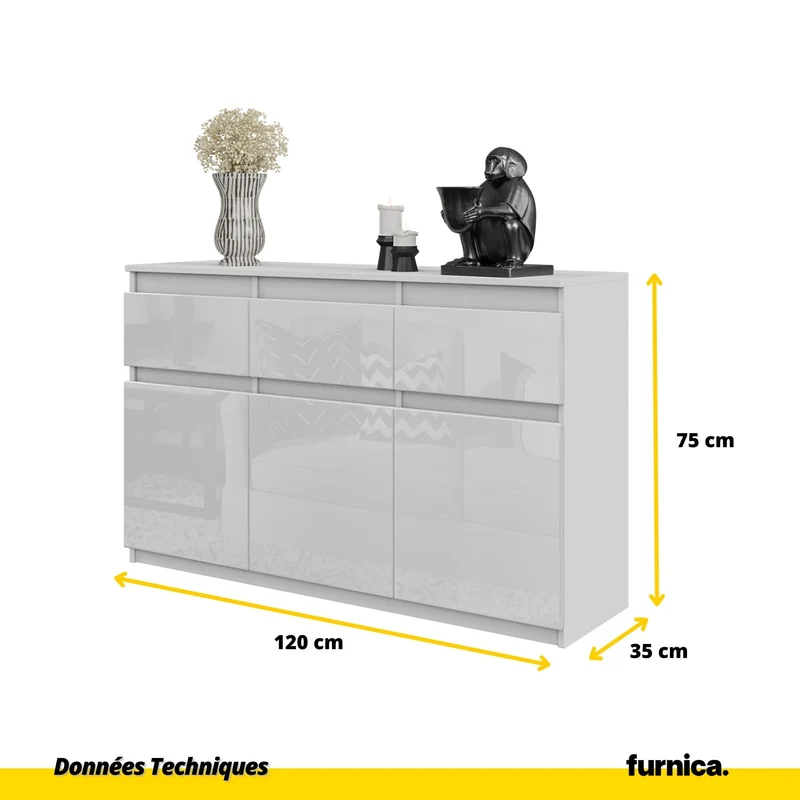 NOAH - Commode 3 Tiroirs et 3 Portes - Meuble de Rangement pour Couloir/Chambre - Buffet - H75cm L120cm P35cm (Blanc Mat/Blanc Brillant)