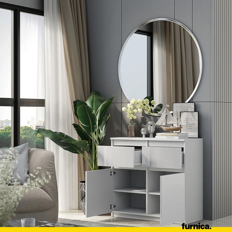 NOAH - Commode 2 Tiroirs et 2 Portes - Meuble de Rangement pour Couloir/Chambre - Buffet - H75cm L80cm P35cm (Blanc Mat/Blanc Brillant)