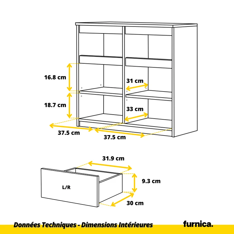 NOAH - Commode 2 Tiroirs et 2 Portes - Meuble de Rangement pour Couloir/Chambre - Buffet - H75cm L80cm P35cm (Blanc Mat/Blanc Brillant)