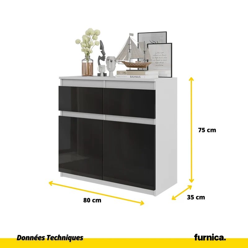 NOAH - Commode 2 Tiroirs et 2 Portes - Meuble de Rangement pour Couloir/Chambre - Buffet - H75cm L80cm P35cm (Blanc/Noir Brillant)