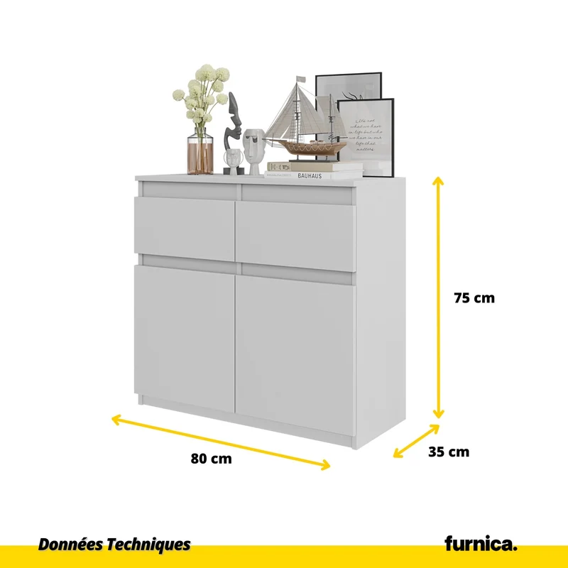 NOAH - Commode 2 Tiroirs et 2 Portes - Meuble de Rangement pour Couloir/Chambre - Buffet - H75cm L80cm P35cm (Blanc)