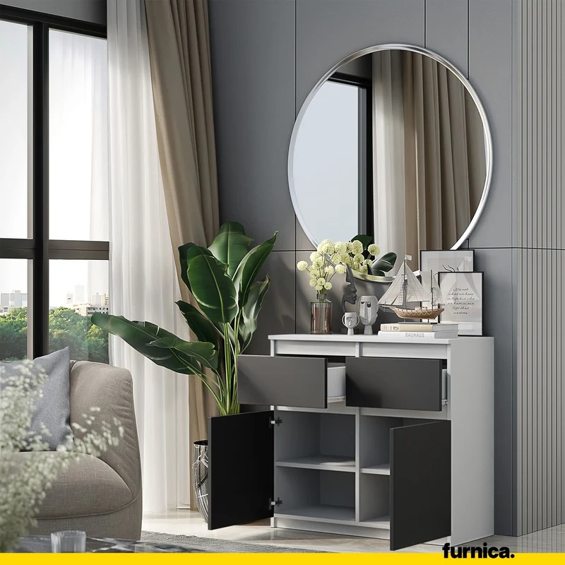 NOAH - Commode 2 Tiroirs et 2 Portes - Meuble de Rangement pour Couloir/Chambre - Buffet - H75cm L80cm P35cm (Blanc/Anthracite)