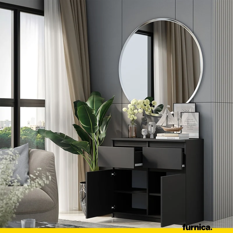 NOAH - Commode 2 Tiroirs et 2 Portes - Meuble de Rangement pour Couloir/Chambre - Buffet - H75cm L80cm P35cm (Anthracite)