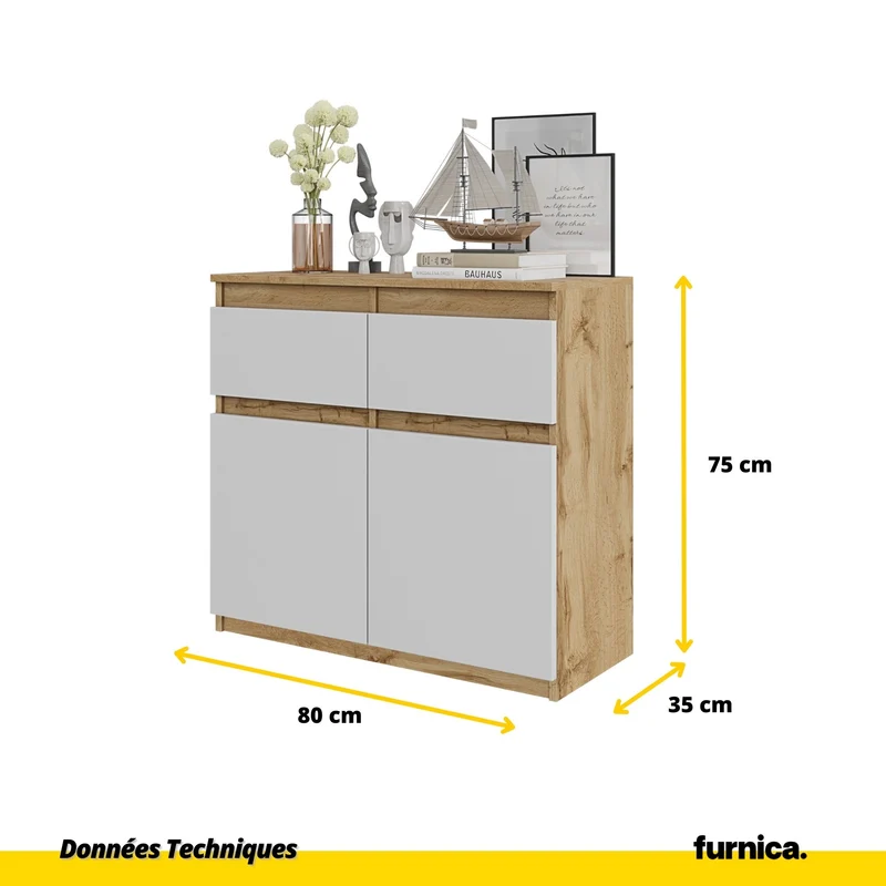 NOAH - Commode 2 Tiroirs et 2 Portes - Meuble de Rangement pour Couloir/Chambre - Buffet - H75cm L80cm P35cm (Chêne Wotan/Blanc)