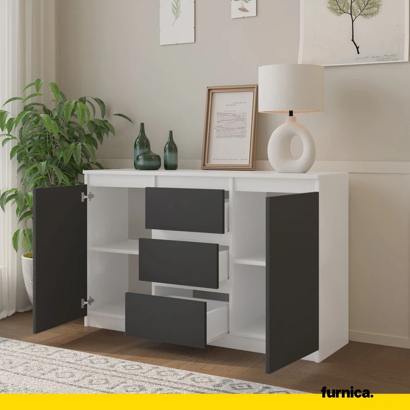 MIKEL - Commode 3 Tiroirs et 2 Portes - Armoire de Rangement pour Couloir/Chambre à Coucher - Buffet - H75cm L120cm P35cm (Blanc/Anthracite)